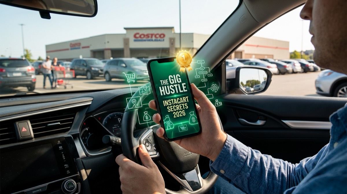 Shopper in a parked car reading the guide on a phone