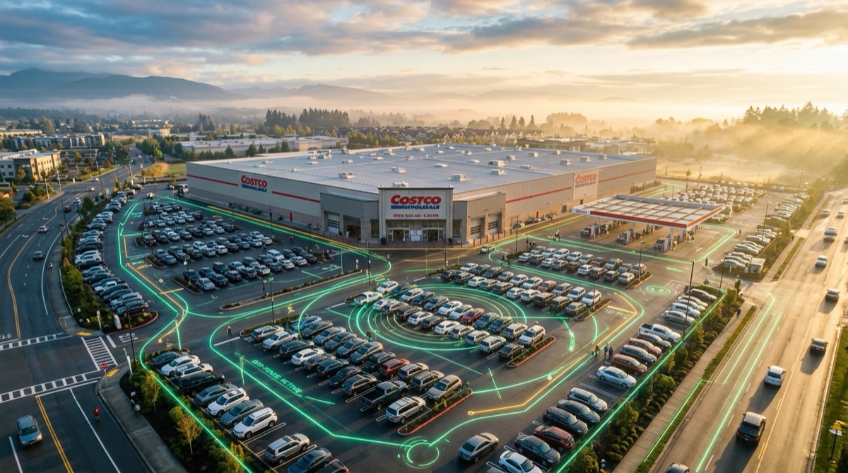 Wholesale store parking lot at dawn