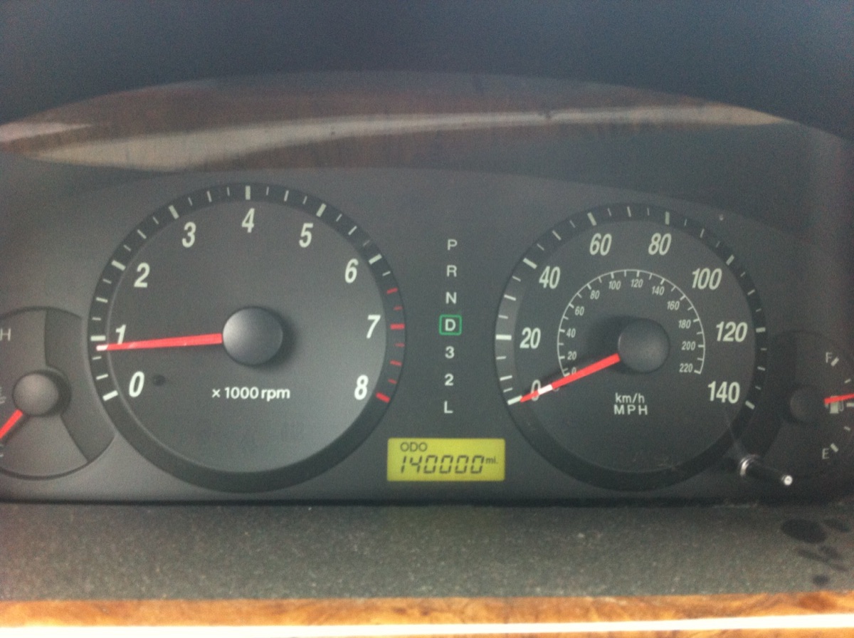 A car instrument cluster with the odometer reading 140,000 miles