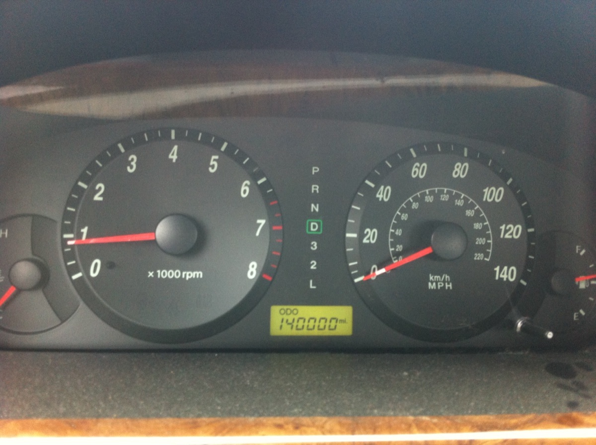A car instrument cluster with the odometer reading 140,000 miles