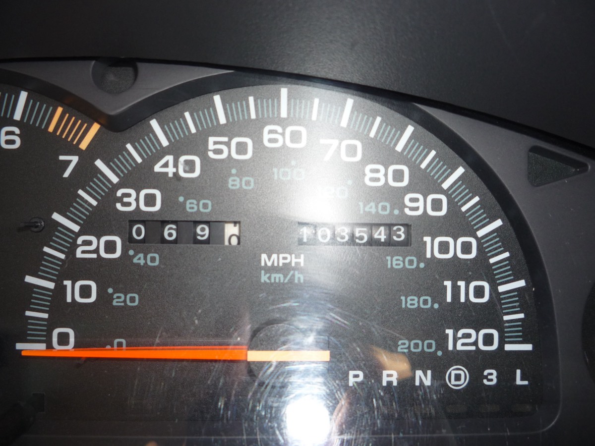 Close-up of a car's speedometer and odometer