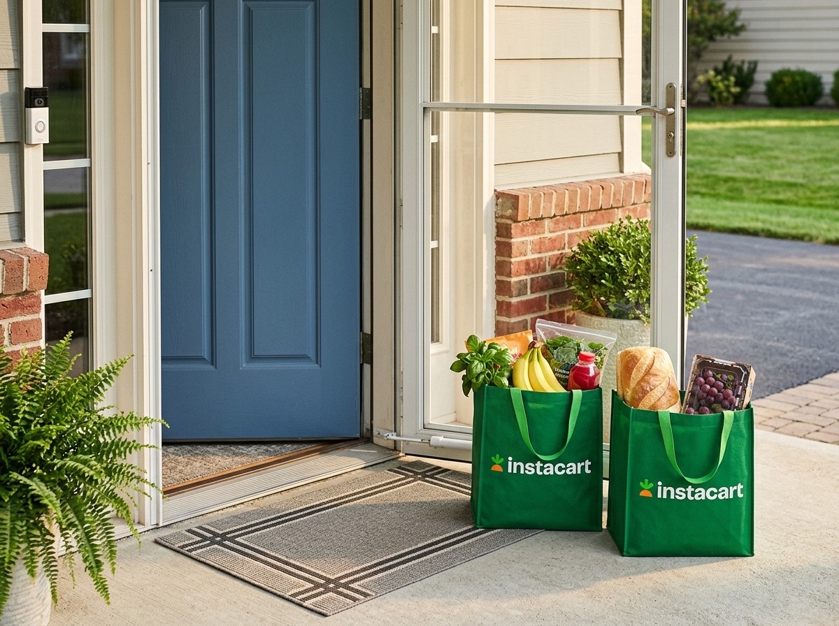 Grocery bags placed neatly on a suburban doorstep