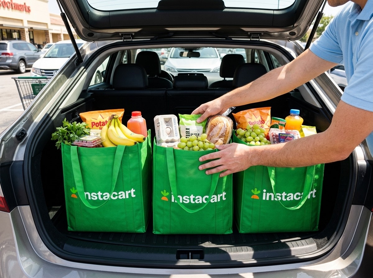 Insulated grocery bags packed in a car trunk